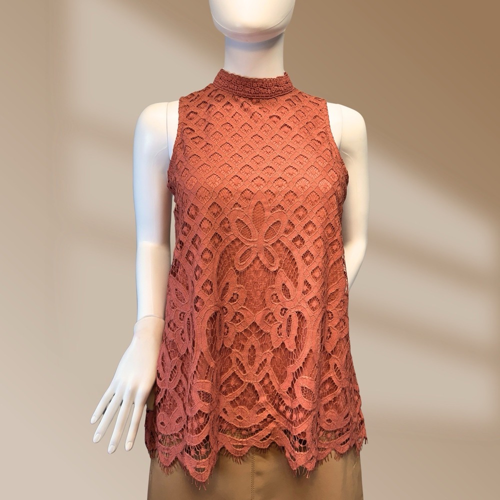 Rewind Women's Terracotta High Neck Lace Embellished Sleeveless Top Sz S NWT!